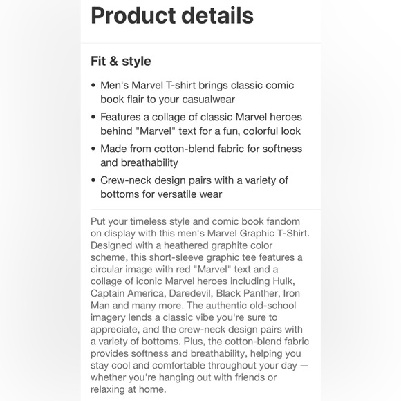 Men’s Marvel Graphic T-Shirt Graphite Heather - Size Medium - Picture 7 of 8